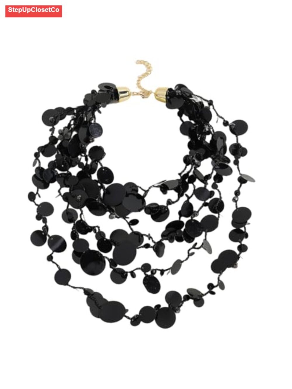 Black Sequin Layered Statement Necklace, Multi-Strand Chunky Bib Choker for